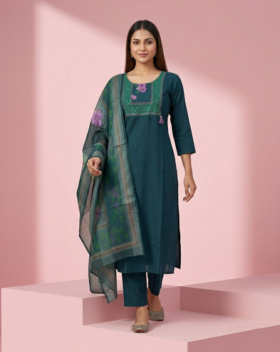Teal Embroidered A-Line Kurta Set