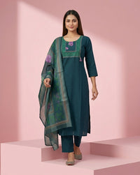 Teal Embroidered A-Line Kurta Set 3