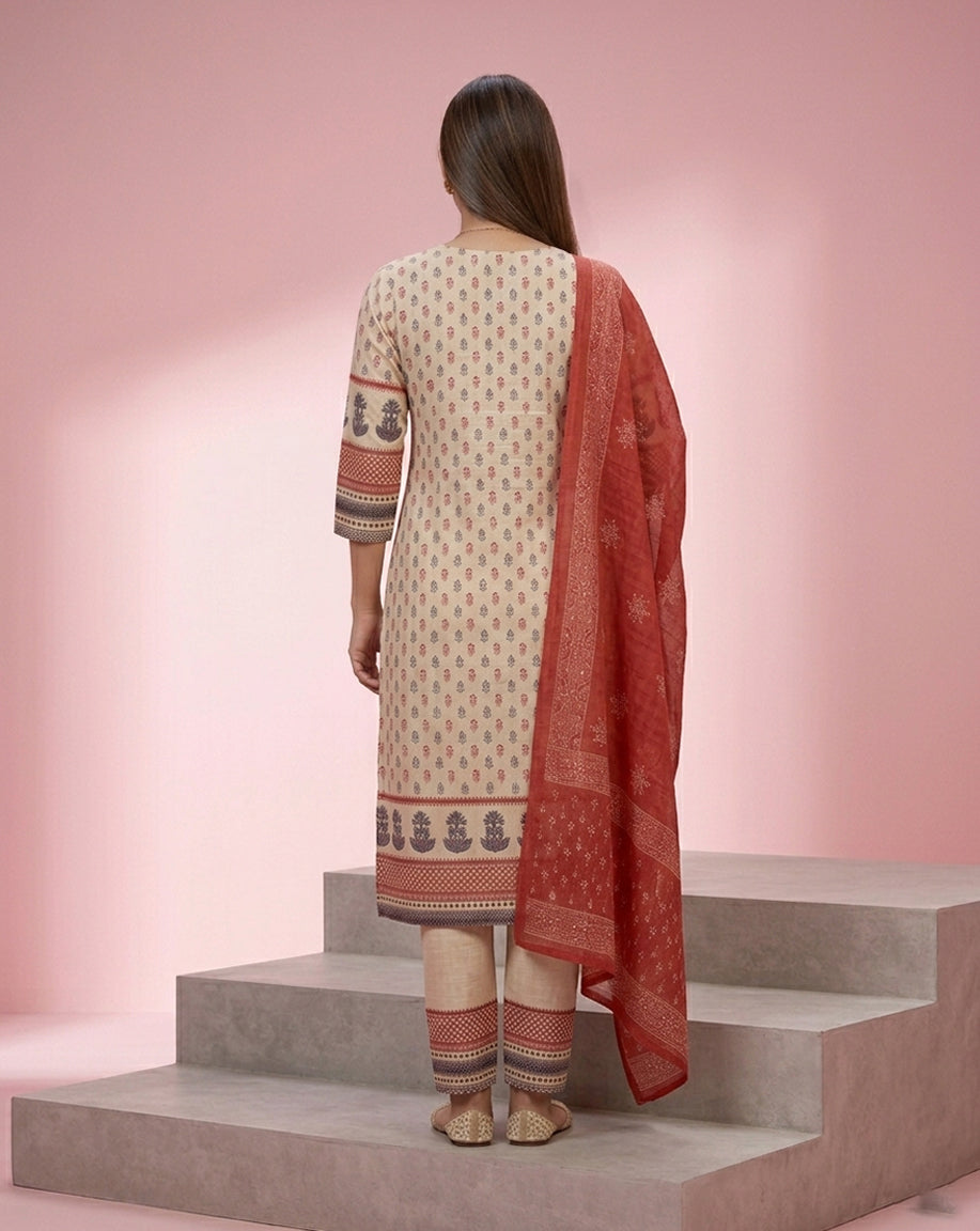 Cream Red Floral Buti Print Straight Kurta Set