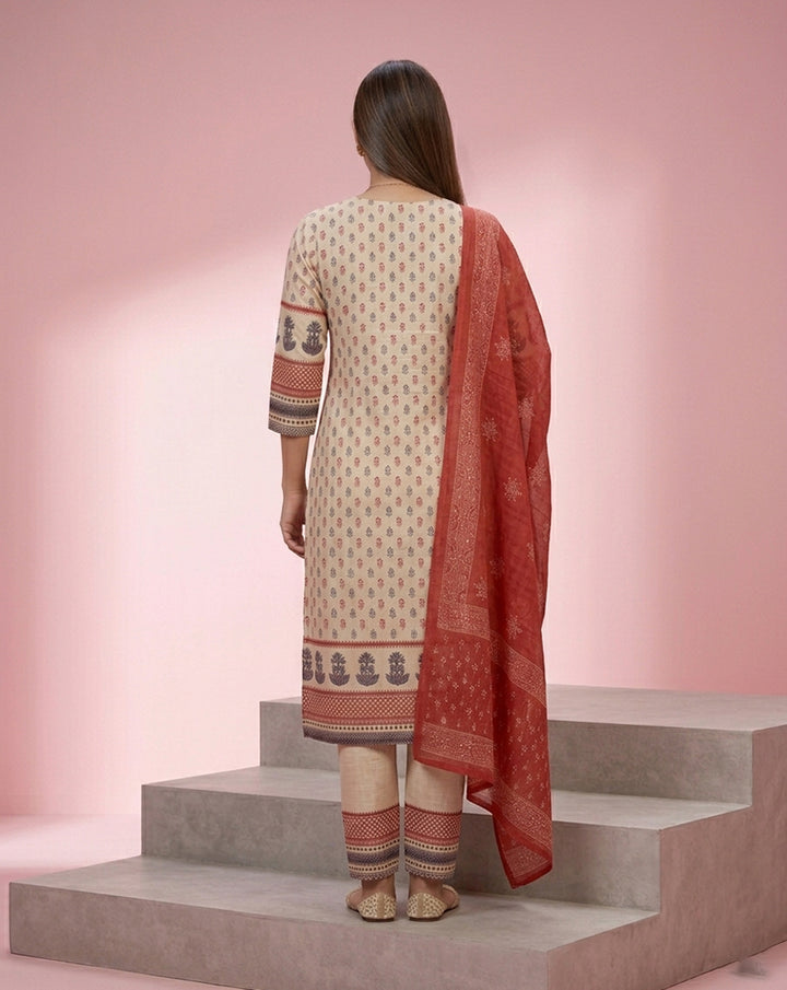 Cream Red Floral Buti Print Straight Kurta Set