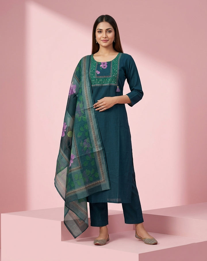 Teal Embroidered A-Line Kurta Set