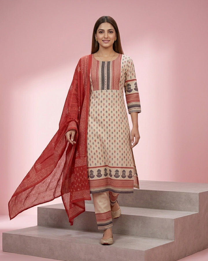 Cream Red Floral Buti Print Straight Kurta Set