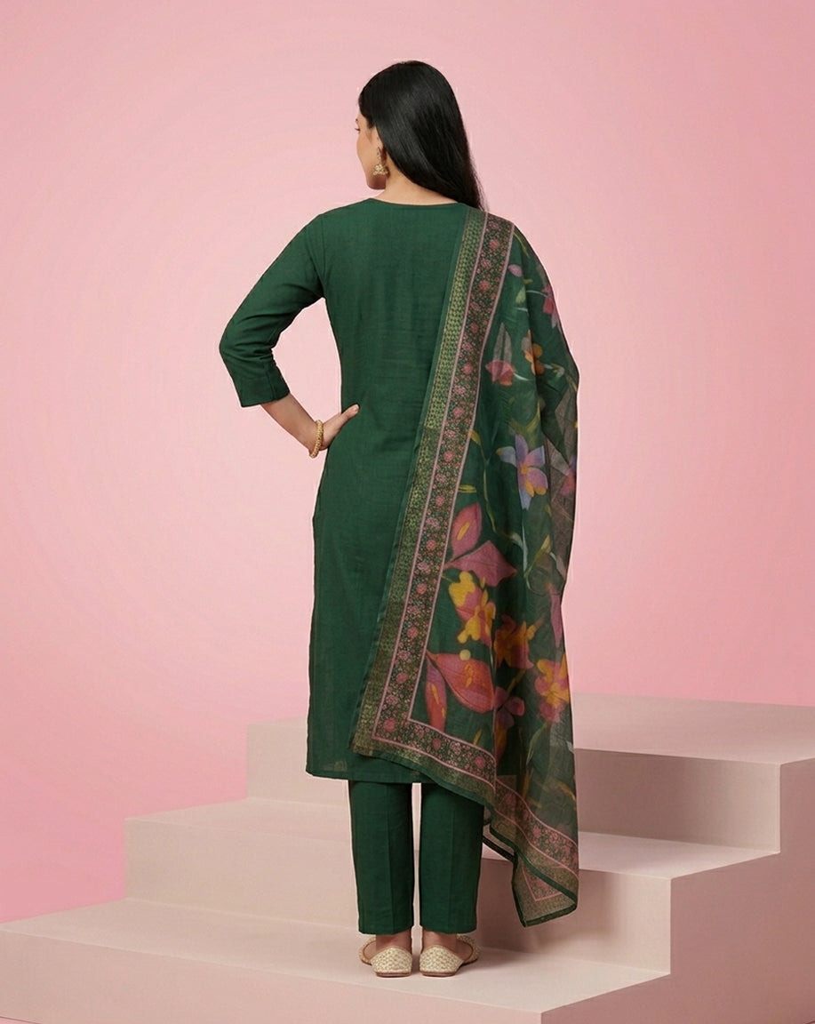 Dark Green Embroidered Straight Kurta Set