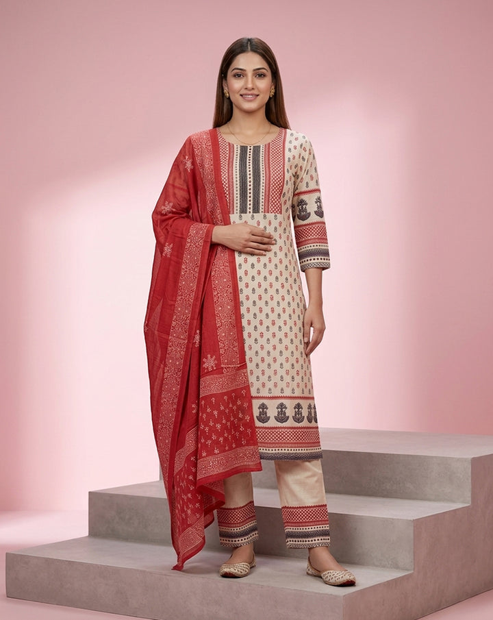Cream Red Floral Buti Print Straight Kurta Set