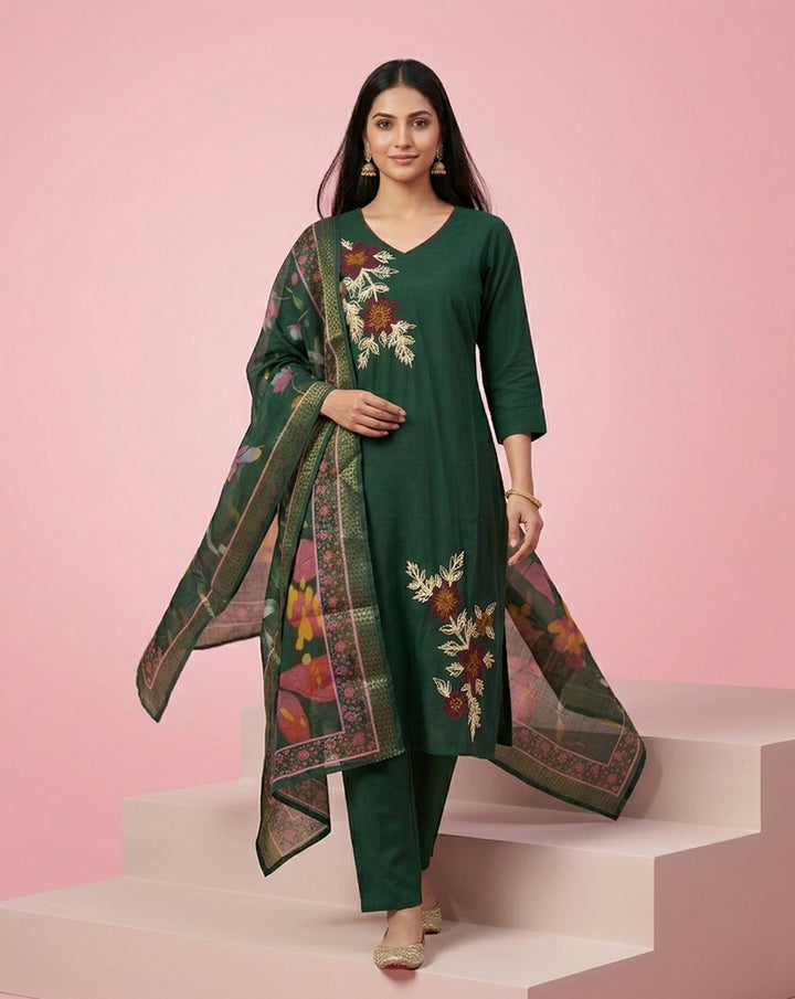 Dark Green Embroidered Straight Kurta Set
