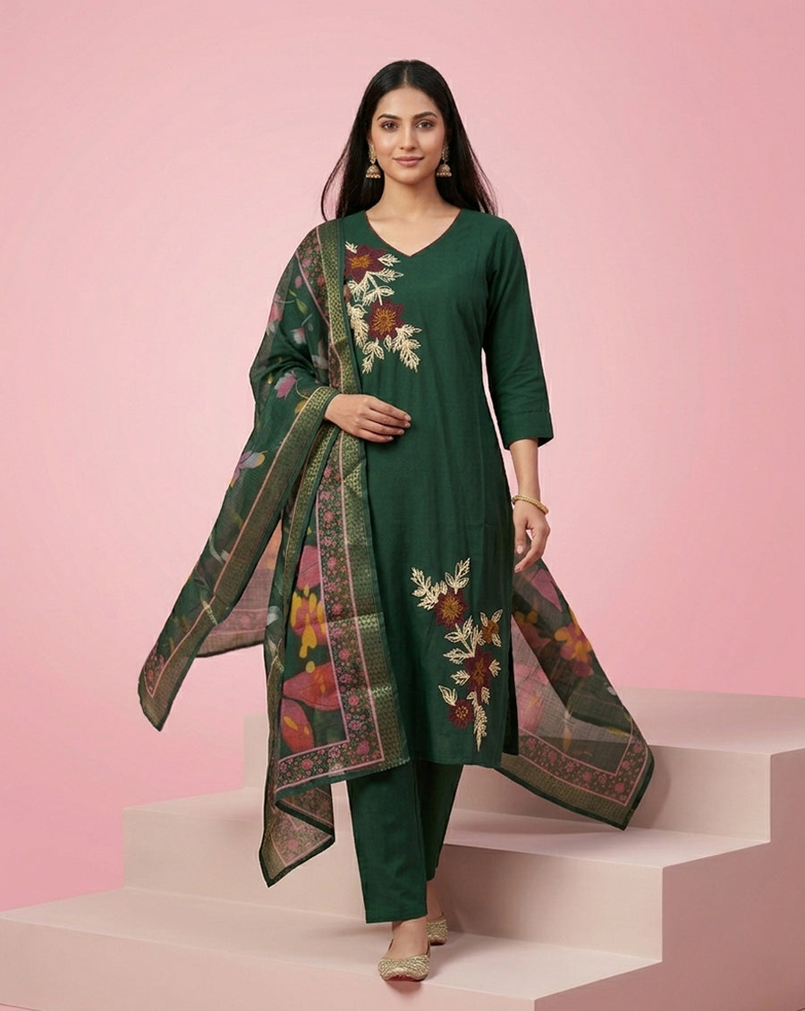 Dark Green Embroidered Straight Kurta Set