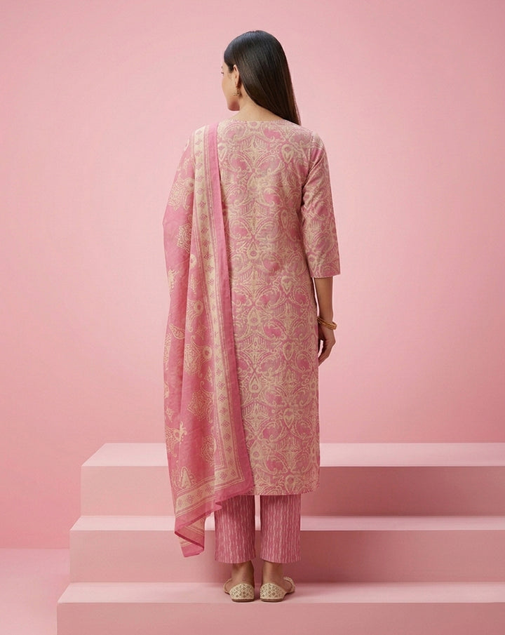 Pink Paisley Damask Print Straight Kurta Set