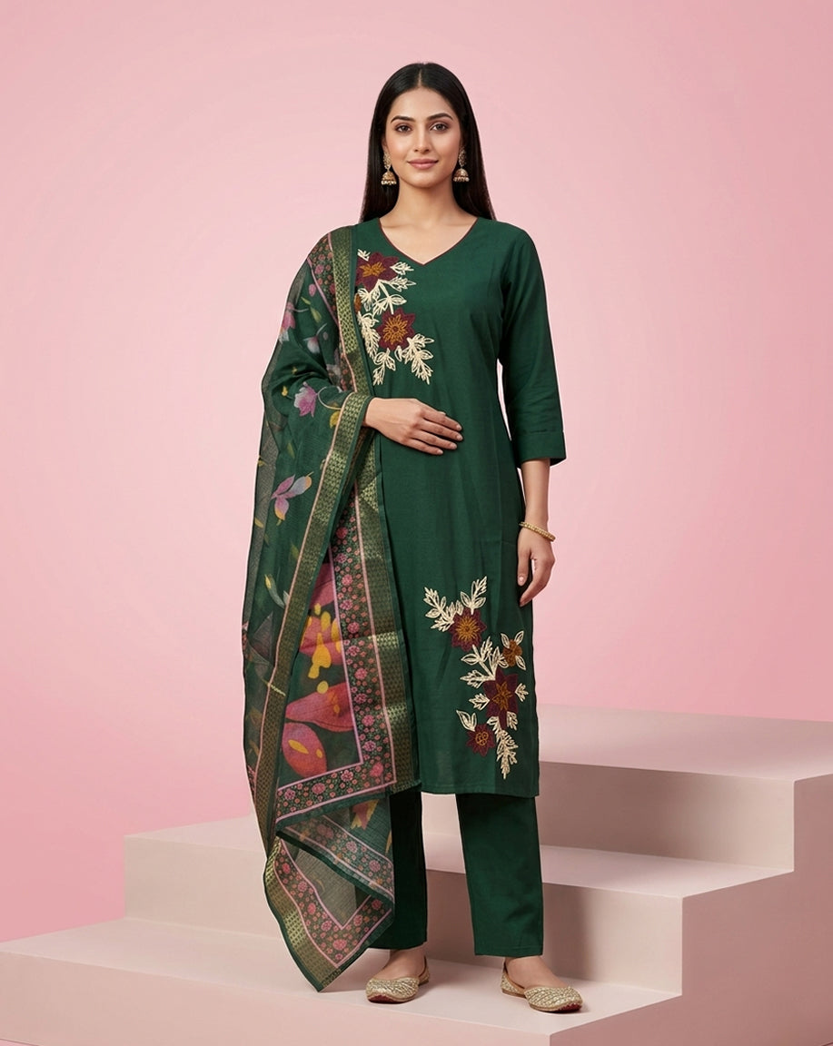 Dark Green Embroidered Straight Kurta Set