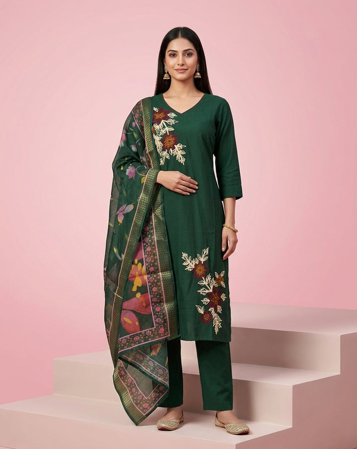 Dark Green Embroidered Straight Kurta Set