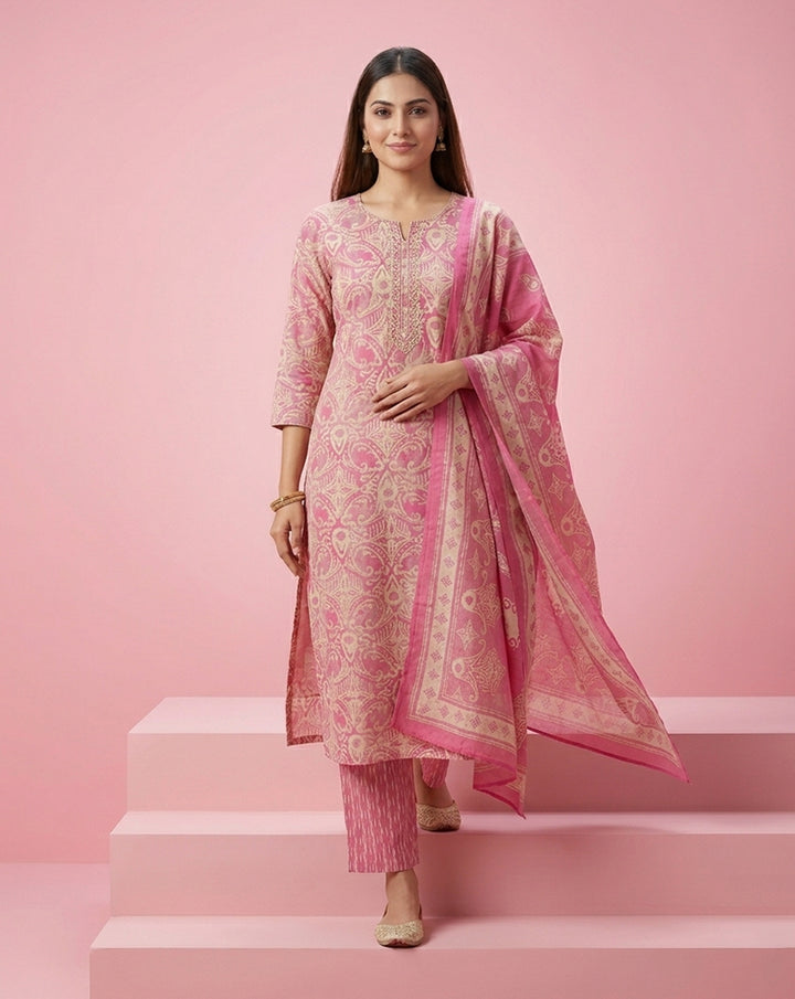 Pink Paisley Damask Print Straight Kurta Set