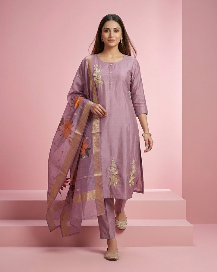 Lavender Embroidered Straight Kurta Set