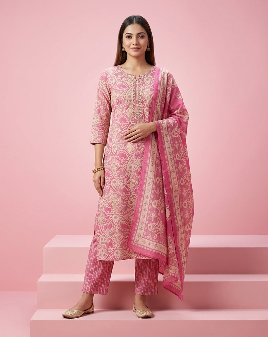 Pink Paisley Damask Print Straight Kurta Set
