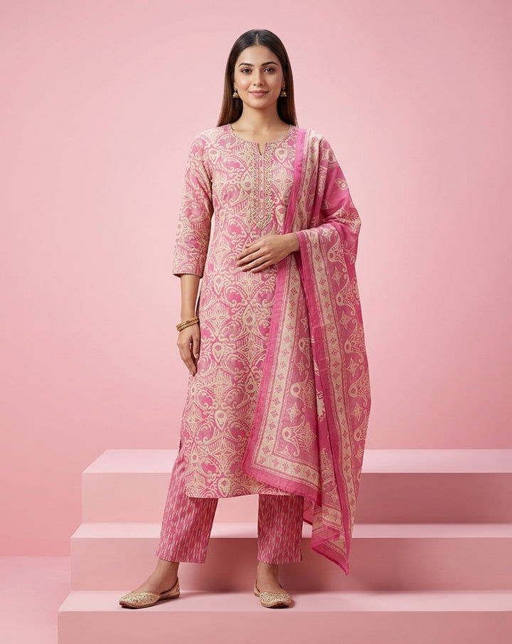 Pink Paisley Damask Print Straight Kurta Set