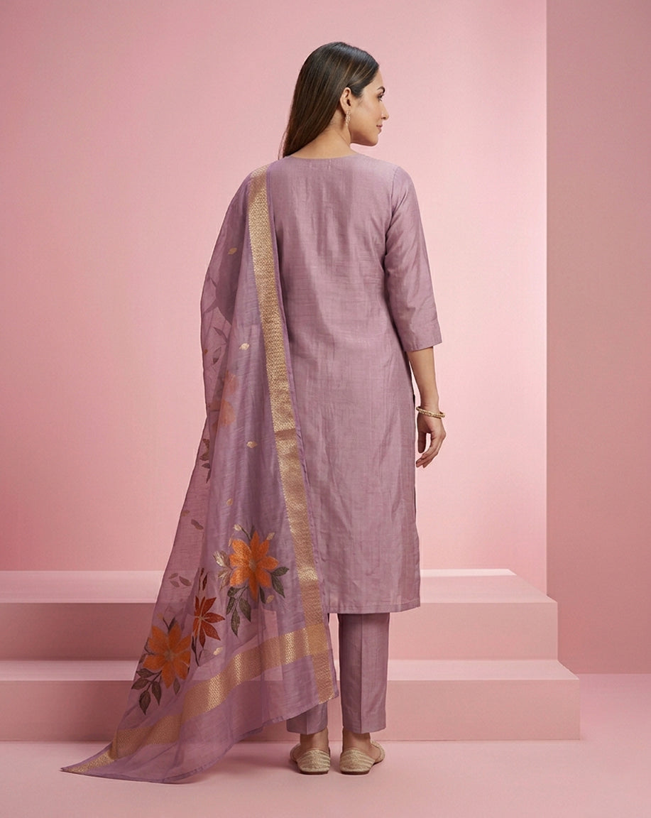 Lavender Embroidered Straight Kurta Set
