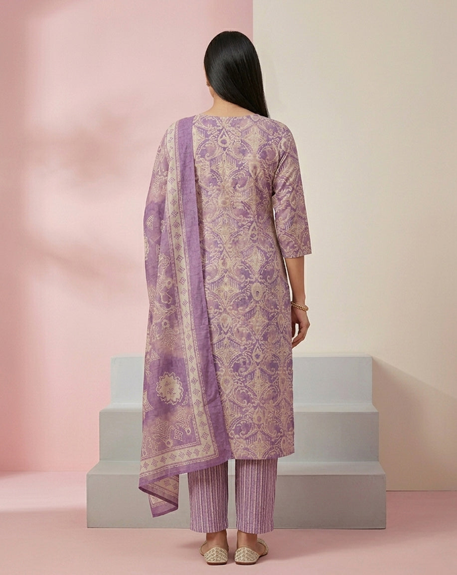 Purple Paisley Damask Print Straight Kurta Set