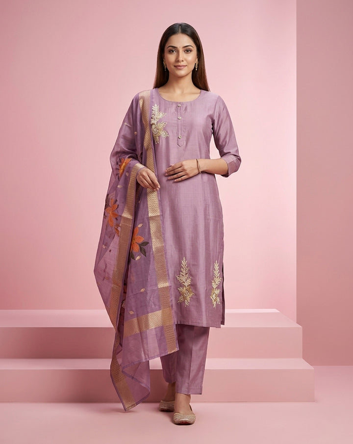 Lavender Embroidered Straight Kurta Set