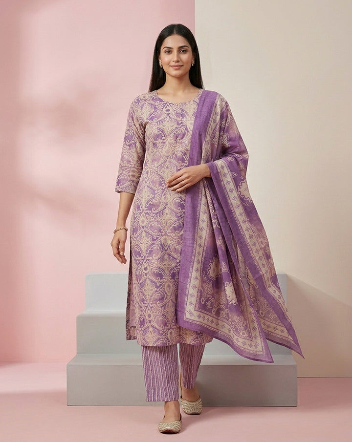 Purple Paisley Damask Print Straight Kurta Set
