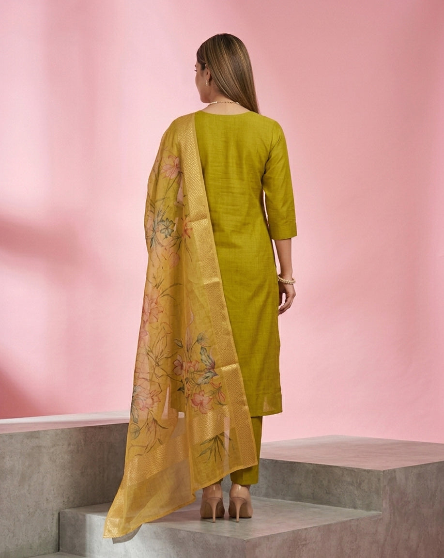 Olive Embroidered Straight Kurta Set