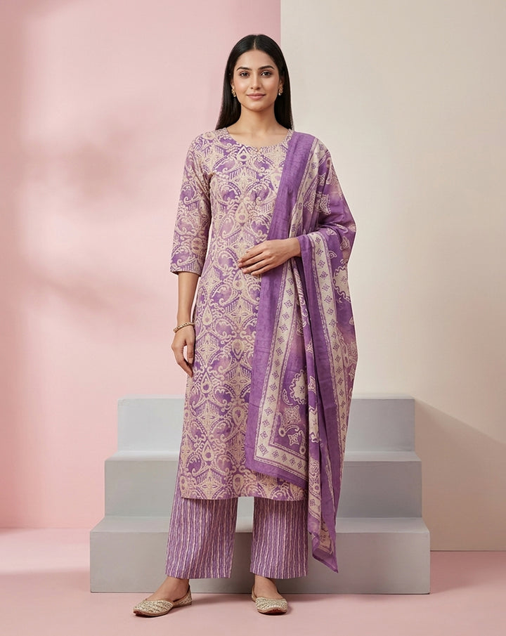 Purple Paisley Damask Print Straight Kurta Set