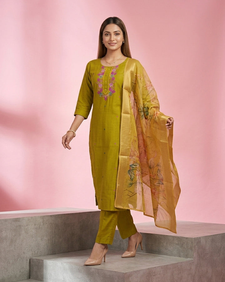 Olive Embroidered Straight Kurta Set