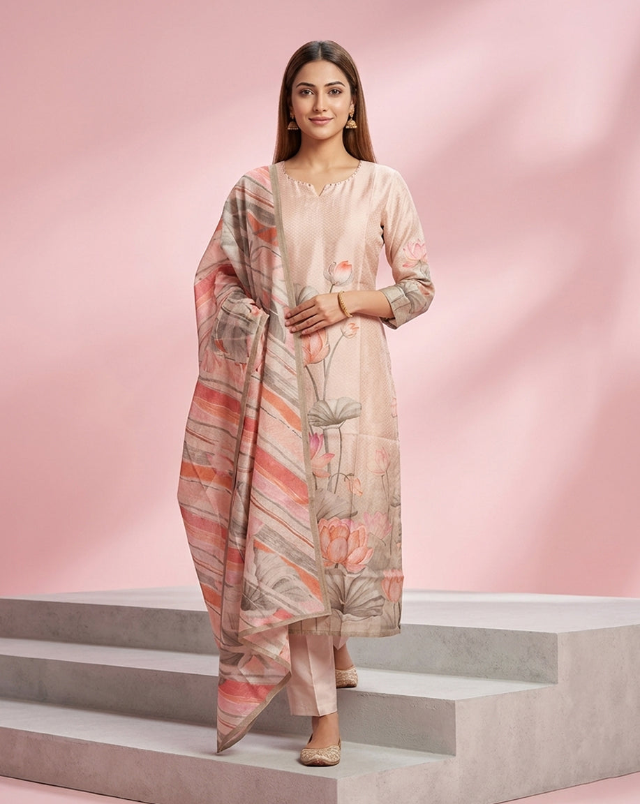 Peach Lotus Floral Print Straight Kurta Set