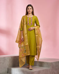 Olive Embroidered Straight Kurta Set 1