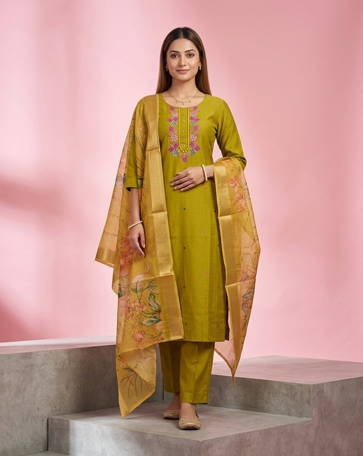 Olive Embroidered Straight Kurta Set