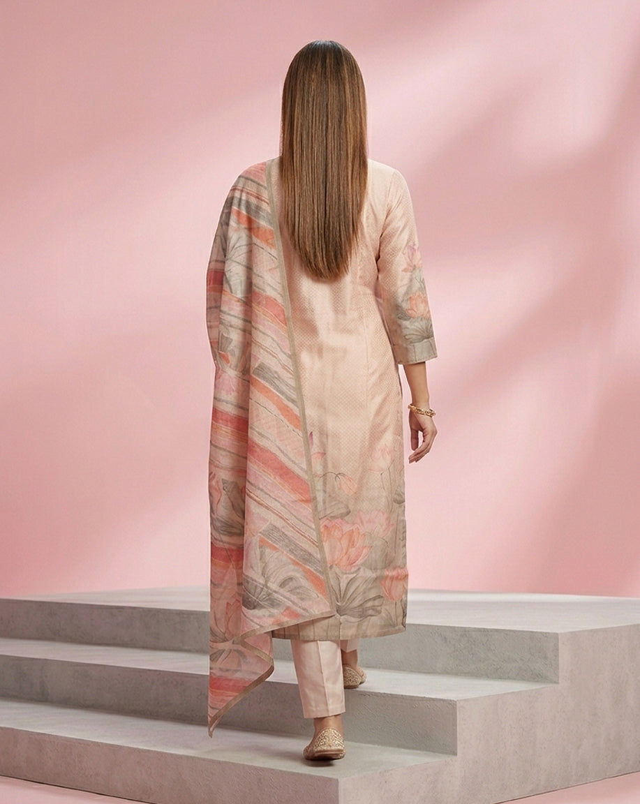 Peach Lotus Floral Print Straight Kurta Set
