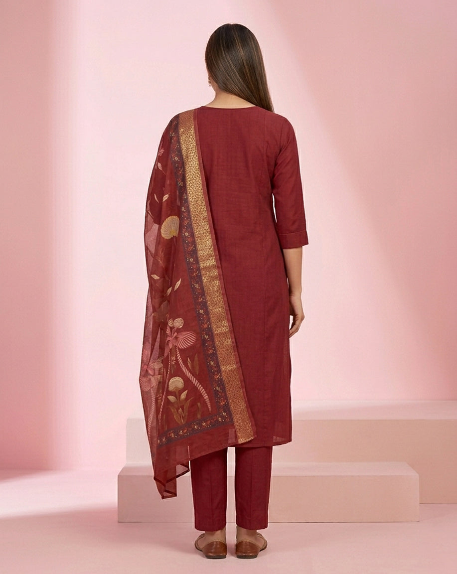 Maroon Embroidered Straight Kurta Set
