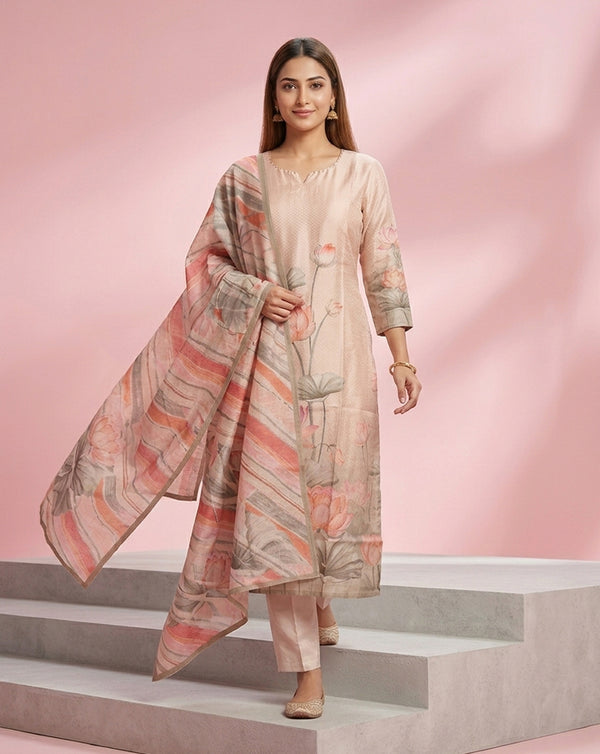Peach Lotus Floral Print Straight Kurta Set
