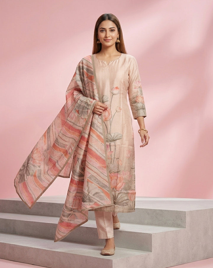 Peach Lotus Floral Print Straight Kurta Set