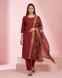 Maroon Embroidered Straight Kurta Set 1