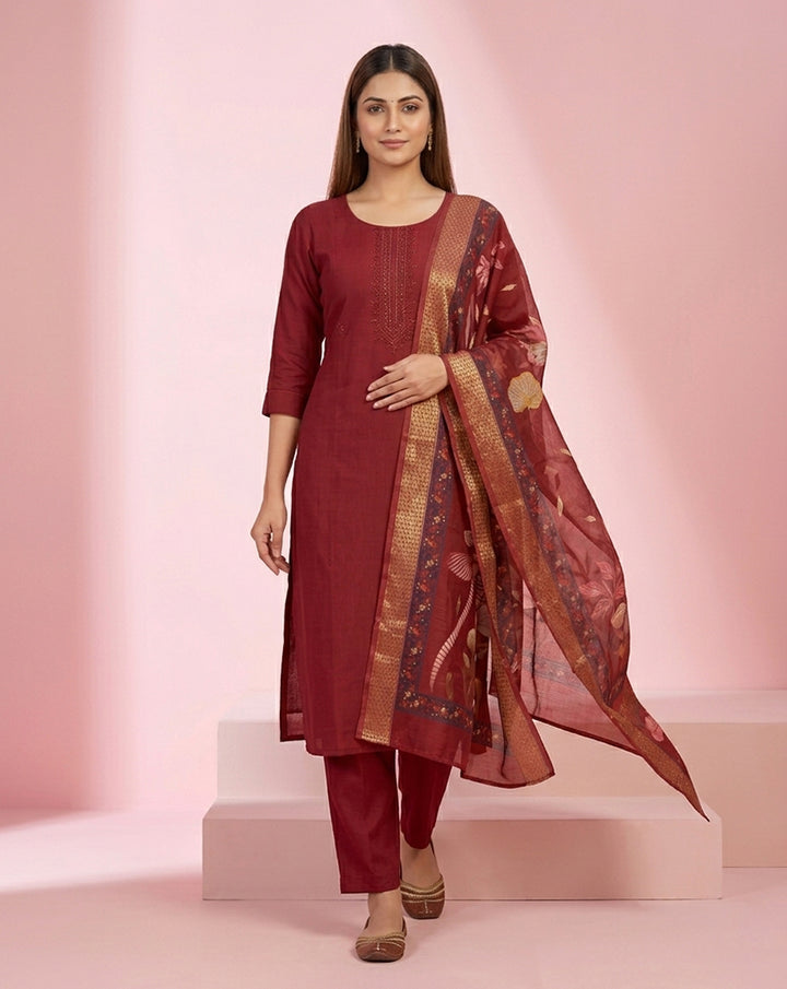Maroon Embroidered Straight Kurta Set