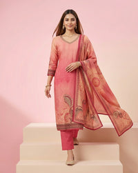 Coral Pink Paisley Print V-Neck Straight Kurta Set 2