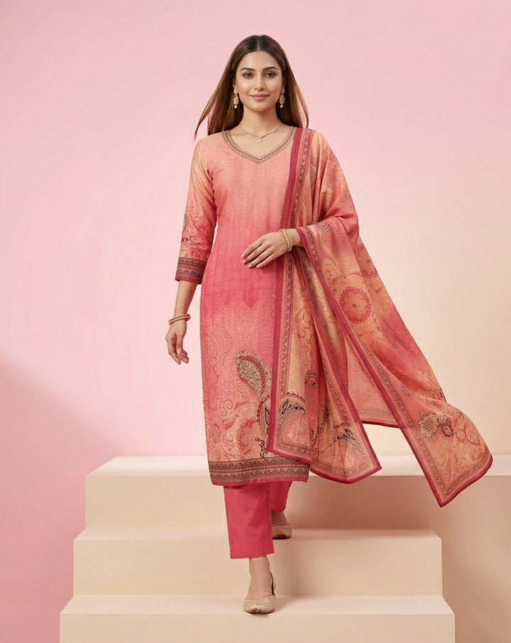 Coral Pink Paisley Print V-Neck Straight Kurta Set