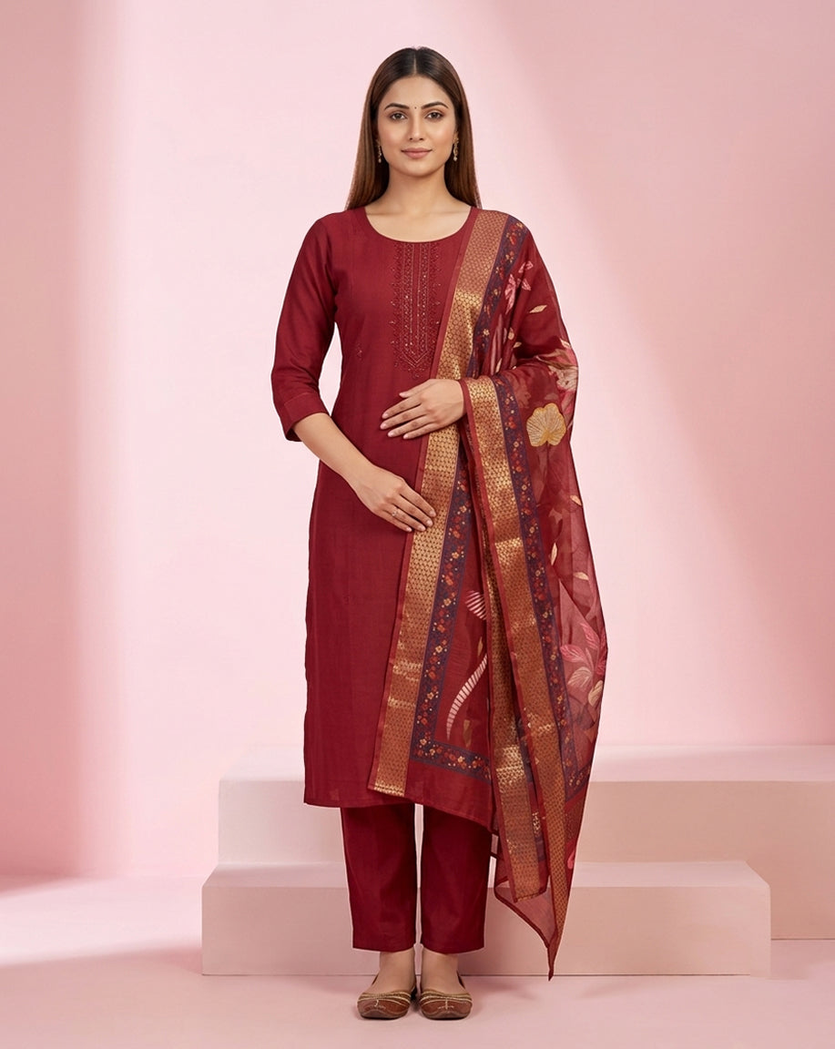 Maroon Embroidered Straight Kurta Set