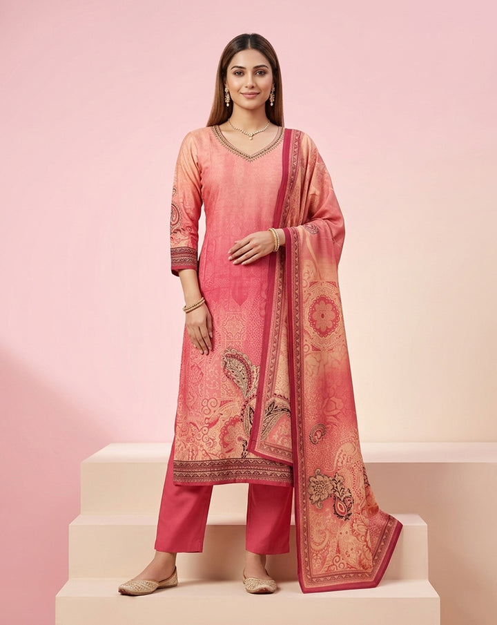 Coral Pink Paisley Print V-Neck Straight Kurta Set