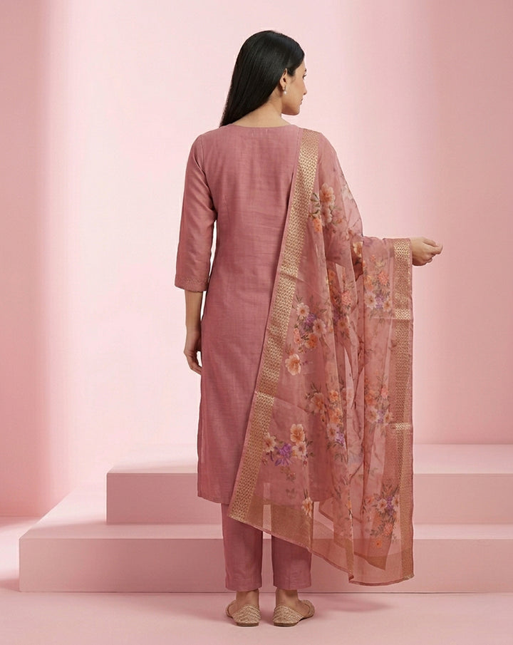 Dusty Rose Embroidered Straight Kurta Set