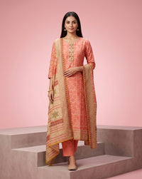 Salmon Coral Floral Jacquard Embellished Kurta Set 3