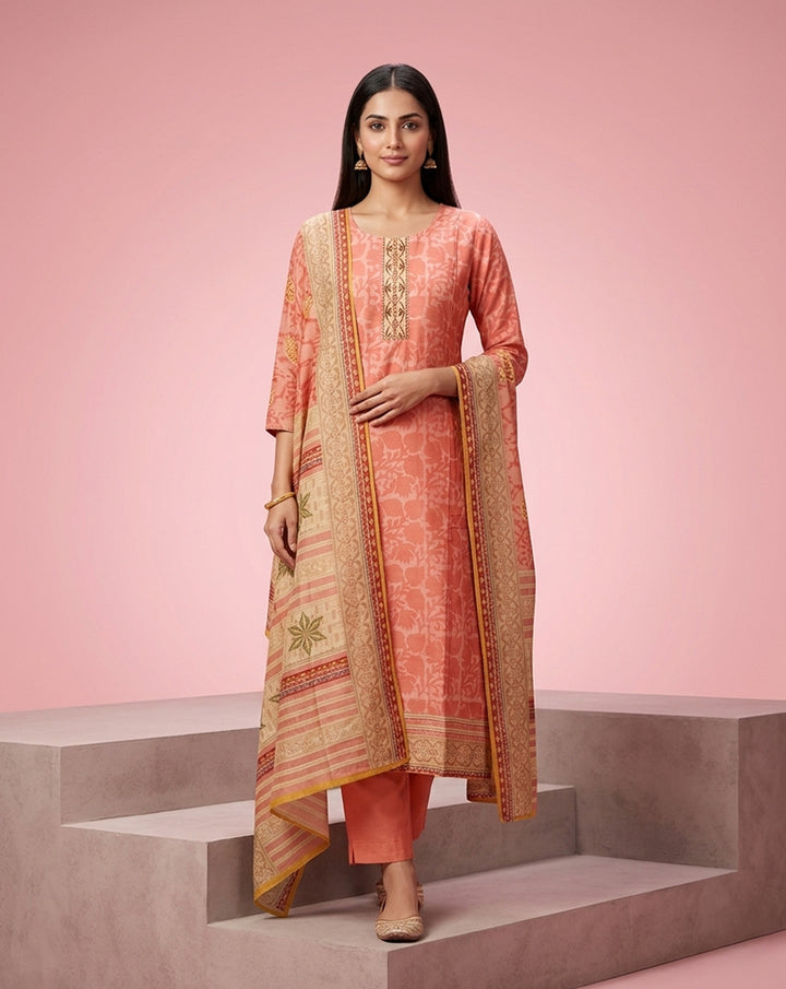 Salmon Coral Floral Jacquard Embellished Kurta Set