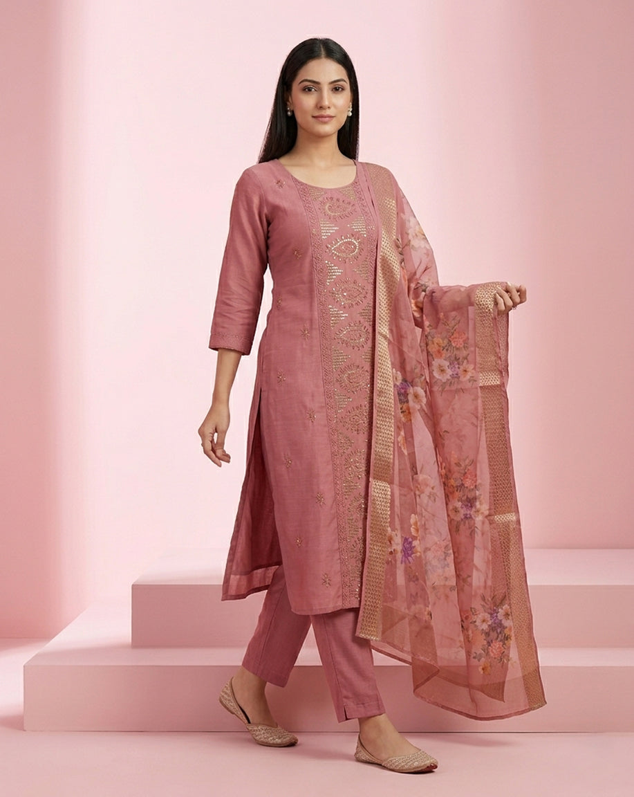 Dusty Rose Embroidered Straight Kurta Set