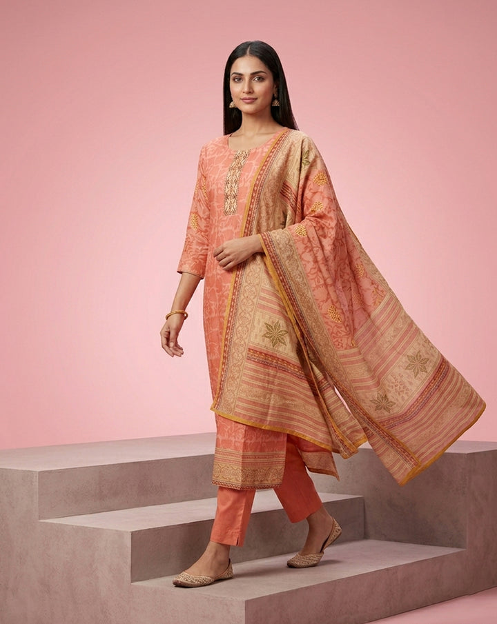 Salmon Coral Floral Jacquard Embellished Kurta Set