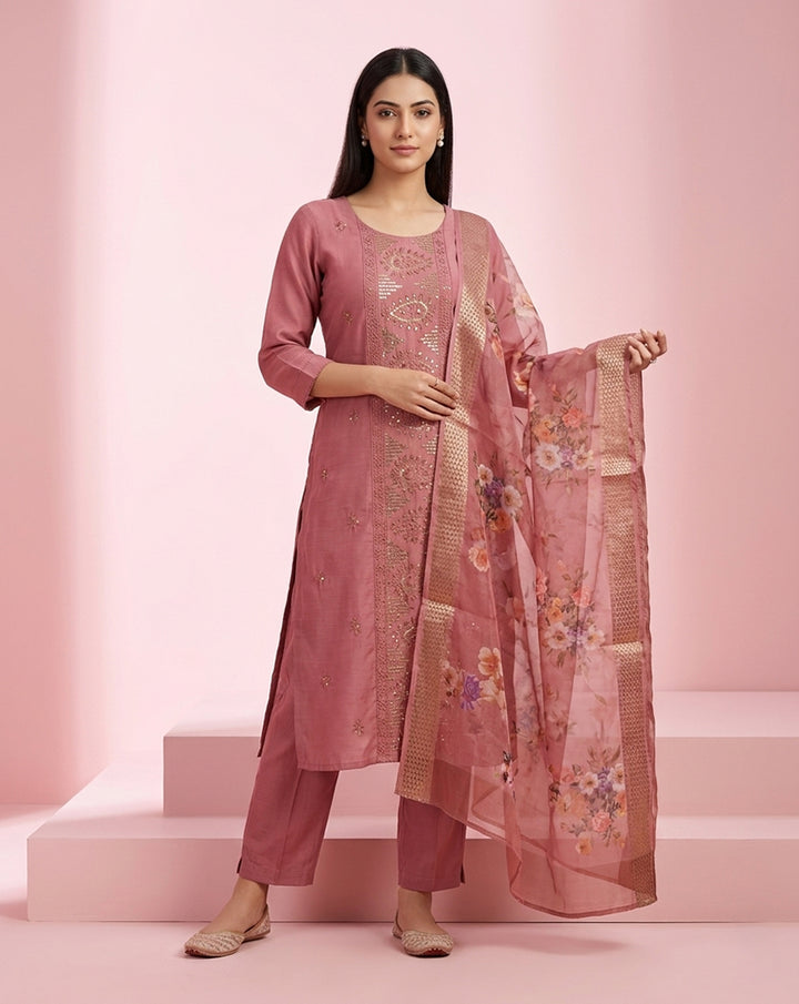 Dusty Rose Embroidered Straight Kurta Set
