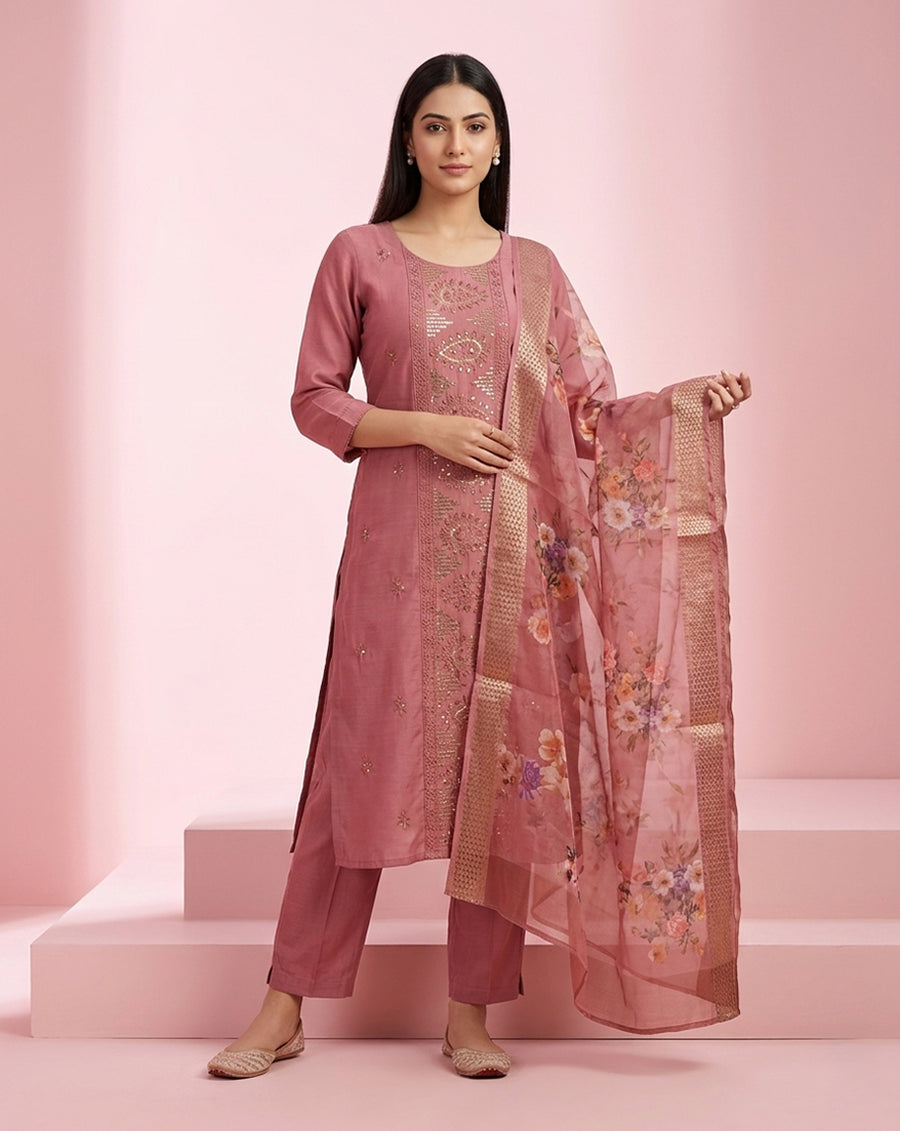 Dusty Rose Embroidered Straight Kurta Set