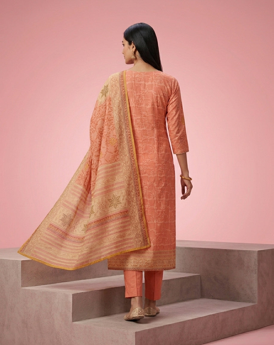 Salmon Coral Floral Jacquard Embellished Kurta Set