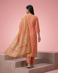 Salmon Coral Floral Jacquard Embellished Kurta Set 2