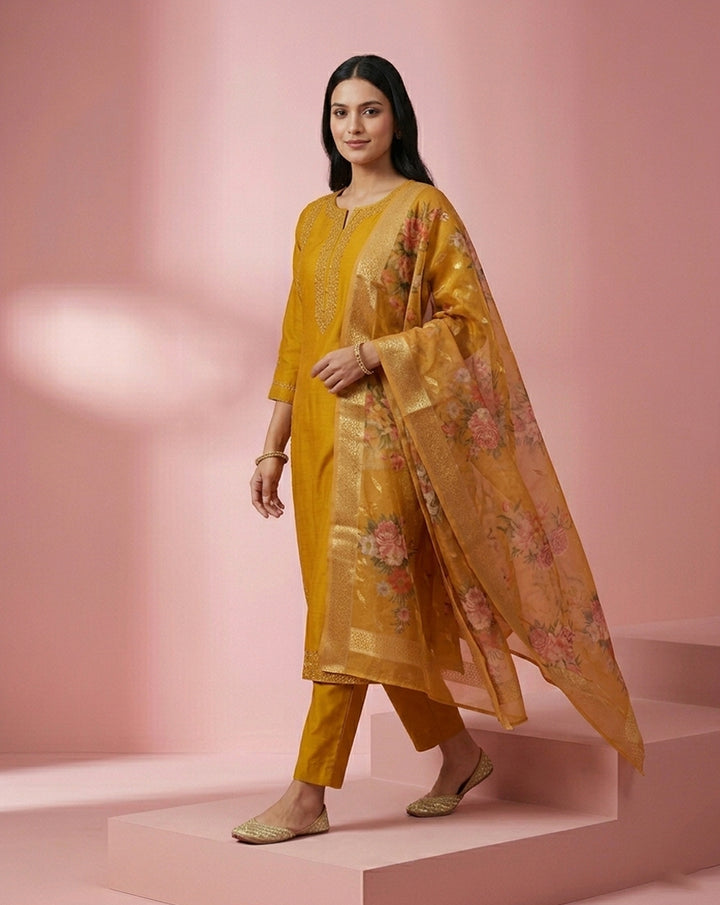 Mustard Embroidered Straight Kurta Set