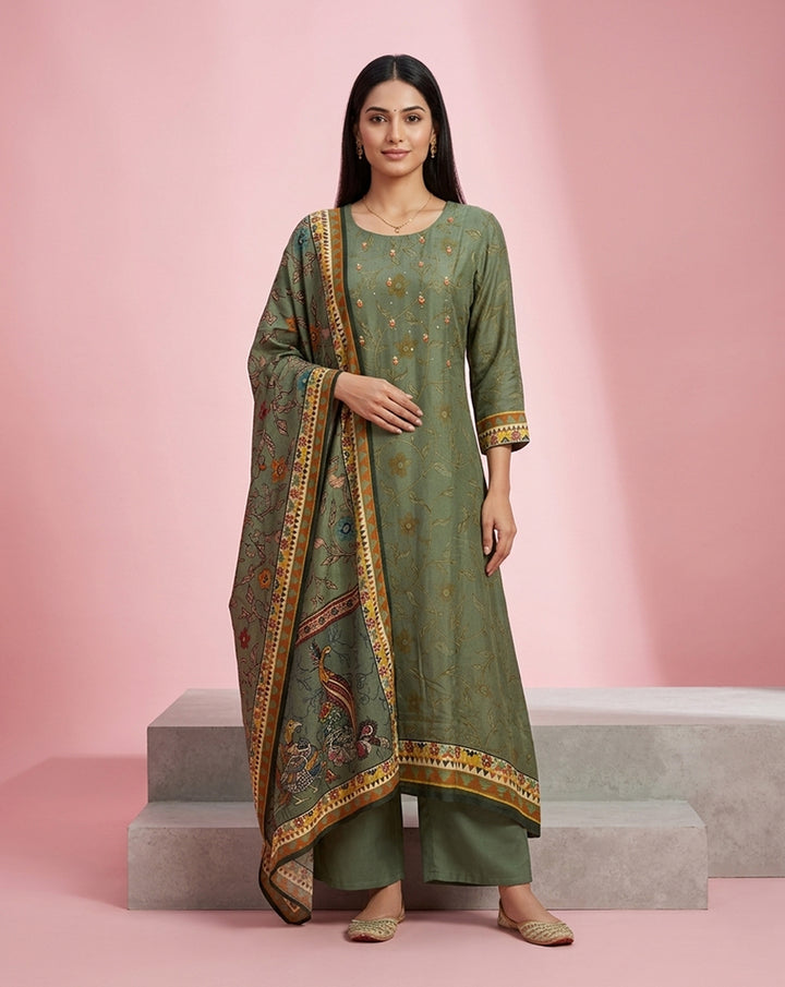 Sage Green Embroidered Floral A-Line Kurta Set
