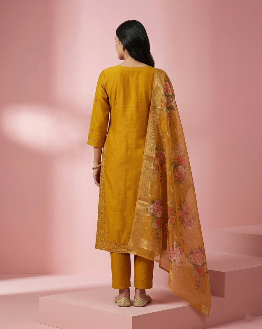 Mustard Embroidered Straight Kurta Set