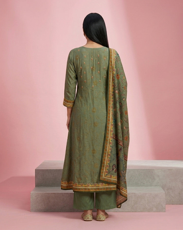 Sage Green Embroidered Floral A-Line Kurta Set